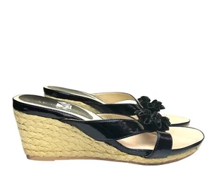 Anne Klein Faux Black Patent Leather Slip On Wedge Sandals Espadrilles Mules 10 - Picture 1 of 13