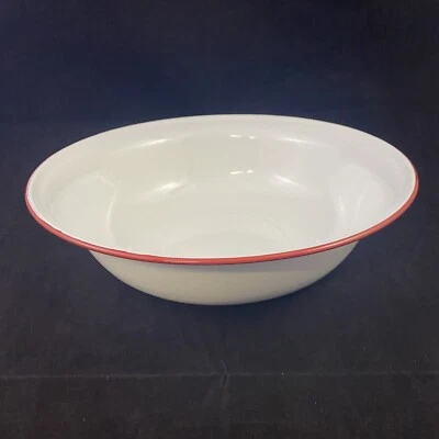 Pottery Barn Enamelware Serving Bowl White w/ Red Rim Retro - Image 1 of 4