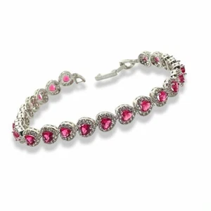 White gold finish Red Ruby and created diamond Heart Cut bracelet  - Picture 1 of 3