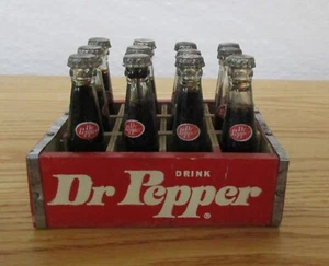 12 Vintage Miniature 3" Dr. Pepper Bottles in Wooden Crate Metal Banded RARE - Picture 1 of 10