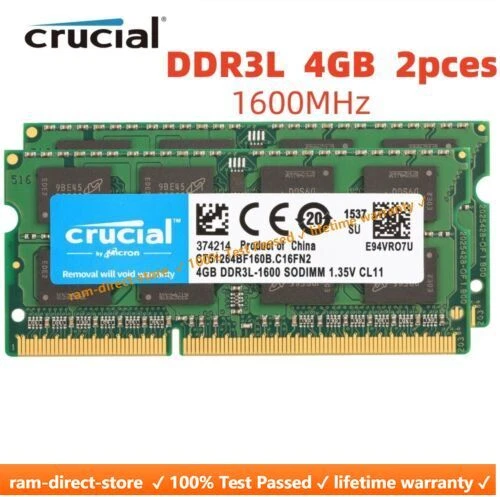 CRUCIAL DDR3 1600 MHz 8GB 2x 4GB PC3-12800 Laptop SODIMM Memory RAM PC3L DDR3L - Image 1 of 4