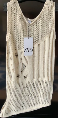 Túnica Zara crochê bege assimétrica sem mangas tamanho P feminina nova com etiquetas - Imagem 1 de 4