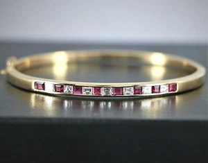 14K Yellow Gold 2.20ct Natural Square Ruby Asscher Diamond Bangle Bracelet - Picture 1 of 8