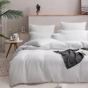 Seersucker Duvet Cover Set, Cotton Bedding,Queen King,White Stripe Texture - Picture 1 of 9