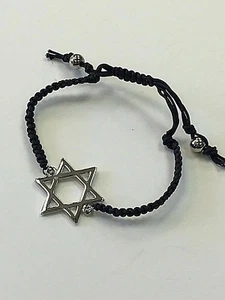 STAR OF DAVID HEBREW JEWISH SILVER CHARM ADJUSTABLE BLACK BRAIDED ROPE BRACELET - Picture 1 of 6
