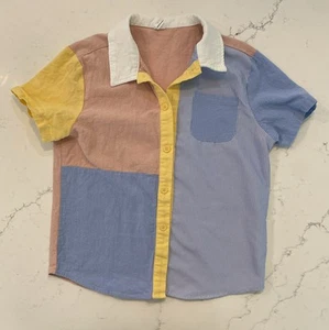 Shein Boys Shirt Size 8 Blue Pink Yellow Button Up Casual Cotton Linen Feel - Picture 1 of 7