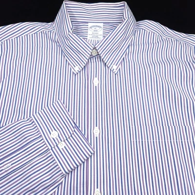 Brooks Brothers BUTTON DRESS Shirt XL 17 35- WHITE PURPLE BLUE TWILL Regent Slim - Image 1 of 4