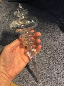 Glass Spire Ornament Clear Iridescent Spiral 9” Icicle Design Blown Glass - Picture 1 of 6