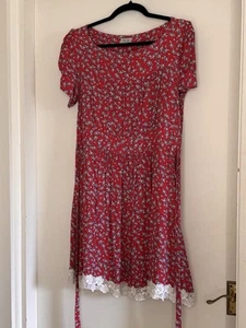 Pearl Lowe Peacock Floral Dress Red Short Sleeve, Viscose, Size 14 - Picture 1 of 3