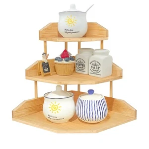 Bamboo Spice Rack Corner Shelves-3 Tier Standing Pantry Shelf for Kitchen Cou... - Picture 1 of 7