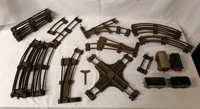 27 Piece Vintage Tinplate Train Track & Wagons Job Lot – Switches, Crossing - Image 1 of 4