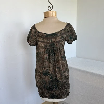 Top Babydoll Mujer Marrón Verde Paisley L Y2K Manga Gorra Hada Grunge Años 90 Foto 1 de 4