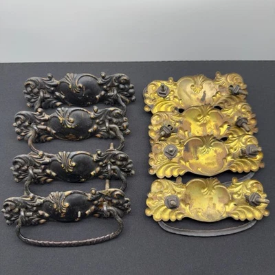 Antiguo juego de 8 tiradores de cajón ornamentado de latón tocador victoriano Foto 1 de 4