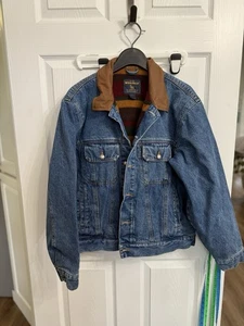 Chaqueta de mezclilla Woolrich Trucker M forrada con manta a rayas polar cuello de cuero - Imagen 1 de 9