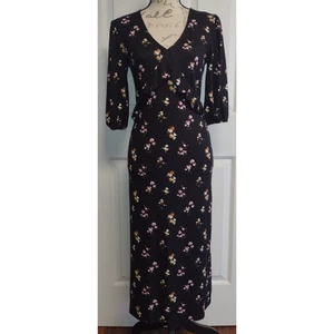 Velvet Torch Women's Black Floral V-Neck Tie-Back Ruffle Detail Midi Dress XS - Picture 1 of 7