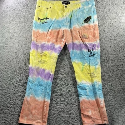 BLAC LEAF 男式牛仔裤 42x32 多色领带 DYE 滑冰彩虹缝线 适合 42x31 — 第 1/4 张图片