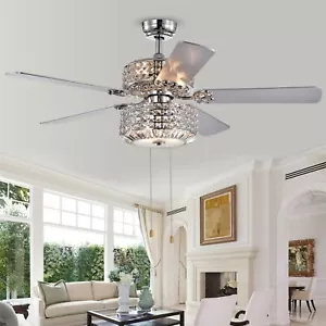 Walter Dual Lamp Chrome 52-inch Lighted Ceiling Fan w Crystal Shades Pull Chain - Picture 1 of 7