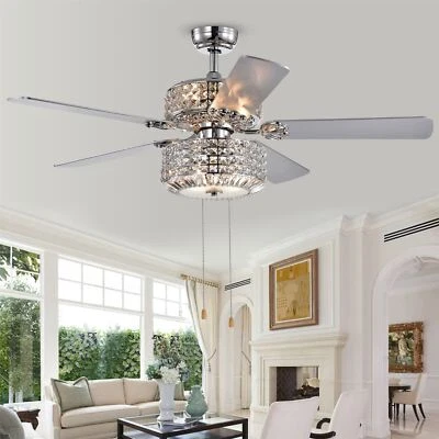 Walter Dual Lamp Chrome 52-inch Lighted Ceiling Fan w Crystal Shades Pull Chain - Image 1 of 4