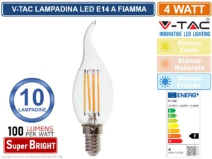 10 PEZZI V-TAC VT-1997 LAMPADINA LED E14 4W CANDELA FIAMMA FILAMENTO VETRO 400LM - Foto 1 di 2