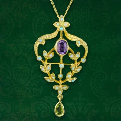 Edwardian Style Suffragette Pendant Necklace Amethyst Opal Peridot - Image 1 of 4
