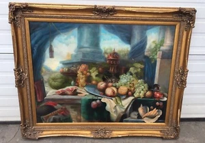 40 X 30 Gorgeous Realism Fruit & garden By S Moran ??? oil on canvas Newport RI - Picture 1 of 12