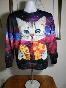 Aldeaone Cat Pizza Taco Galaxy Space Men's Small Sm S  Sweater  - Picture 1 of 2