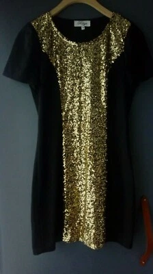 WOMENS RARE BLACK MINI BODYCON DRESS WITH GOLD SEQUIN PANEL UK 10 - Image 1 of 4