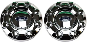 2005-2018 FORD F350 F-350 DUALLY FRONT 2WD CHROME WHEEL CENTER HUB CAPS PAIR NEW - Picture 1 of 5