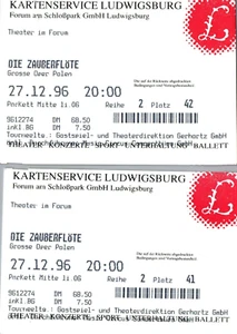 Rare Magic Flute Die Zauberflote Theater Tickets Germany 1996 Opera - Picture 1 of 2