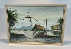 Vintage Signed Watercolour Print Vietnamese Fishing Scene Boots Framed 1960's - Picture 1 of 15