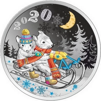 Moneda de color a prueba de plata del ratón del año lunar de Laos 2020 子 zodiaco chino Foto 1 de 2