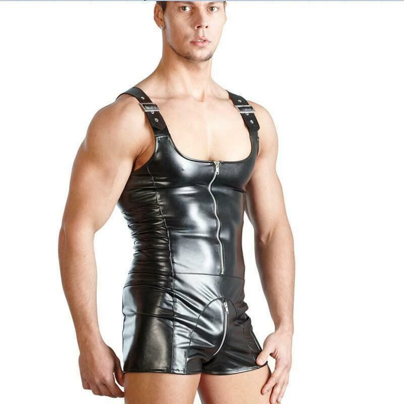 Fetish Men Male PU Leather Tank Bodysuit Clubwear Vest Catsuit Jumpsuit Playsuit - Image 1 of 4