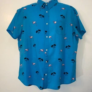 Hang Ten 2XL Flamingo Shirt Men's Agua w/ Pink Birds Cotton Tropical Palm Trees - Picture 1 of 8