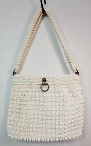Vintage Corde Bead Purse Handbag Creamy White Hinge Opening - Picture 1 of 12