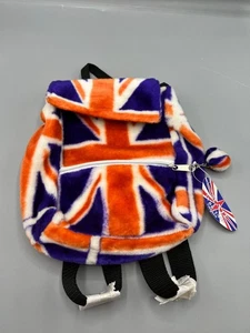 Union Jack Plush Backpack Zipper Pocket Small Pom Pom Key Ring Adjustable - Picture 1 of 17