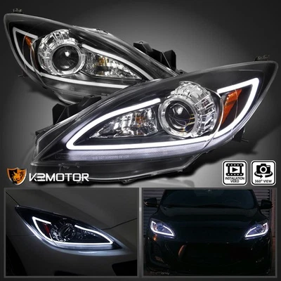 Black Fits 2010-2013 Mazda 3 LED Strip Projector Headlights Lamp Pair Left+Right - Imagem 1 de 4