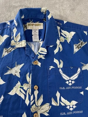 US Air Force Hawaiian Shirt Kamp Mens L Blue  Floral Jets Camp Short Sleeve - Image 1 of 4
