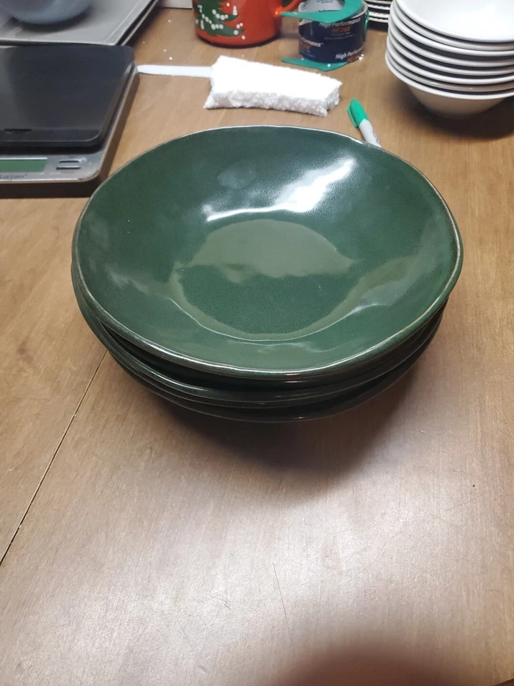 Cuencos para pasta de gres Pier 1 9" verde oscuro moteado usado en excelente estado cubo pintado a mano 104 Foto 1 de 4