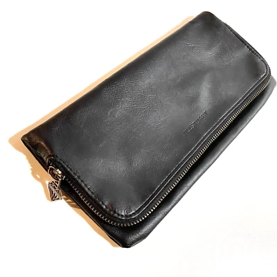 Cartera sin asas Jill Stuart negra mediana de cuero con cremallera plegable 30 cm x 15 cm plegada Foto 1 de 4