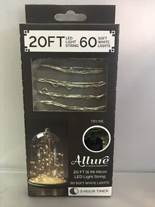 Allure 20' (6 M) Micro LED Light String 60 Soft White Lights 5 HR Timer - Picture 1 of 2