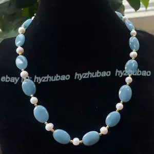 Collar de perlas blancas y gemas de aguamarina brasileña azul ovalado de 13x18 mm 14"-36" - Imagen 1 de 6