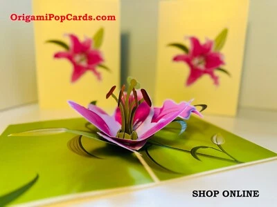 Tarjeta de felicitación emergente A Giant Hot Pink Lily feliz cumpleaños 3D hecha a mano para ti Foto 1 de 4