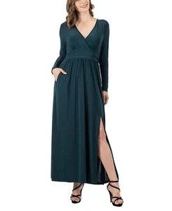 24seven Comfort Apparel Women's V-neck Side Slit Maxi Dress - Hunter - SZ L - Picture 1 of 7
