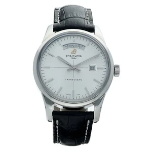 Breitling Transocean A45310 43mm Steel Silver Dial Leather Automatic Men's Watch - Picture 1 of 6