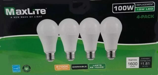 MaxLite E15A19D50/4P A19 100W Daylight 5000K Dimmable LED Bulbs - 4 Pack