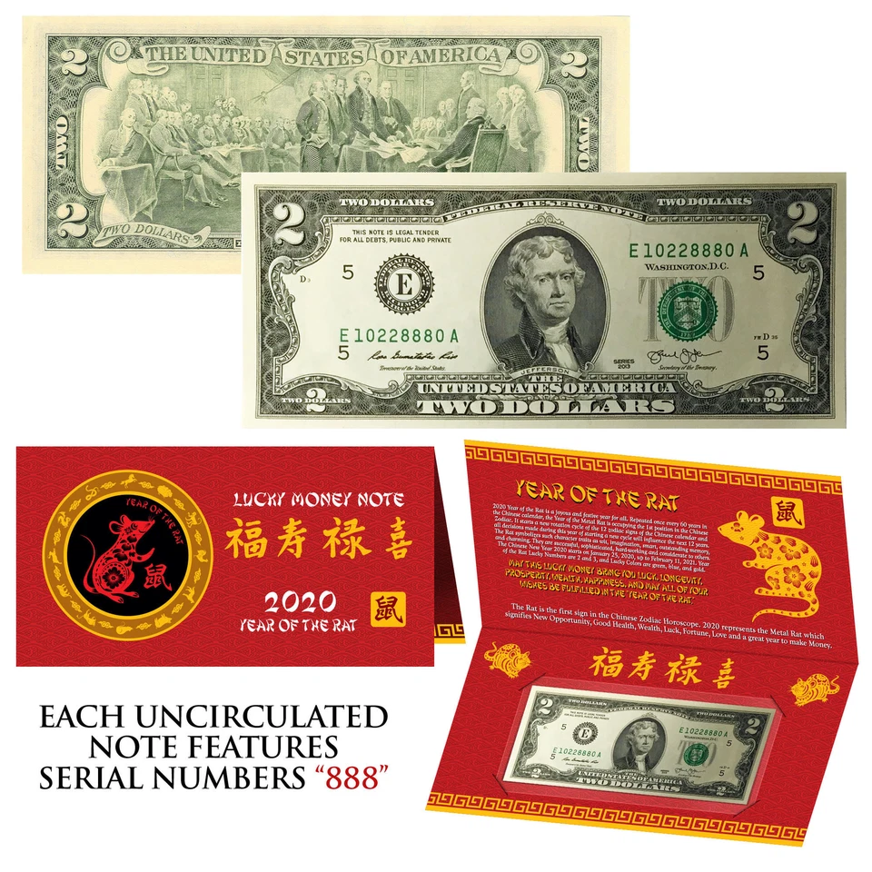 2020 Lunar Chinese New YEAR of the RAT Lucky U.S $2 Bill w/ Red Folder - S/N 888 - Image 1 of 1