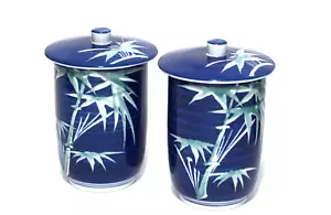 Set 2 tazze da tè vintage asiatiche con coperchio porcellana blu cobalto bambù - Foto 1 di 6