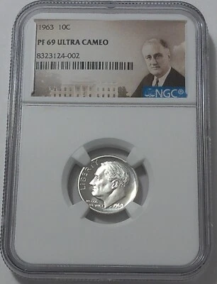 1963 NGC PF69 Ultra Cameo 90% Silver Roosevelt Dime 10c - Image 1 of 3