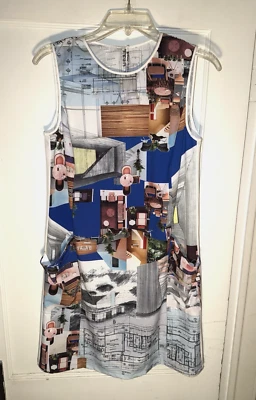 Vestido recto de diseño de interiores con estampado azul sin mangas CLOVER CANYON talla M Foto 1 de 4