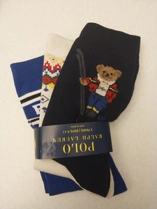 Polo Ralph Lauren Big Boys 3 Pairs Ski Bear Crew Socks Size 9-11 Shoe Size 4-10 - Picture 1 of 7